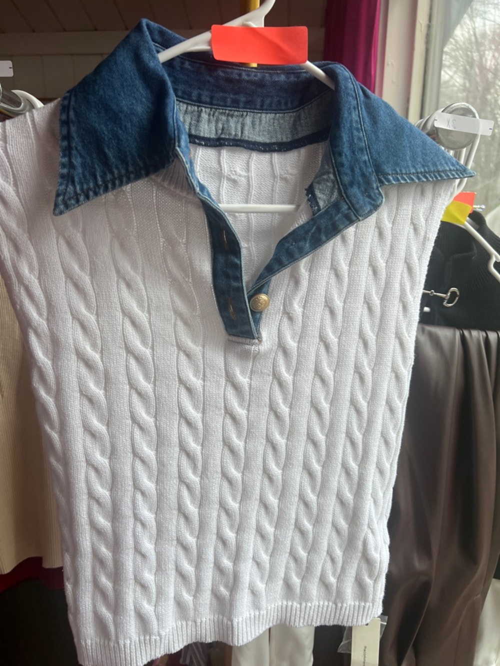 Commense White Cable Knit Sleeveless Top with Denim Collar